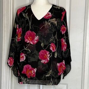 Belle by Kim Gravel Black Sheer V-Neck Blouse with Pink Floral Print
